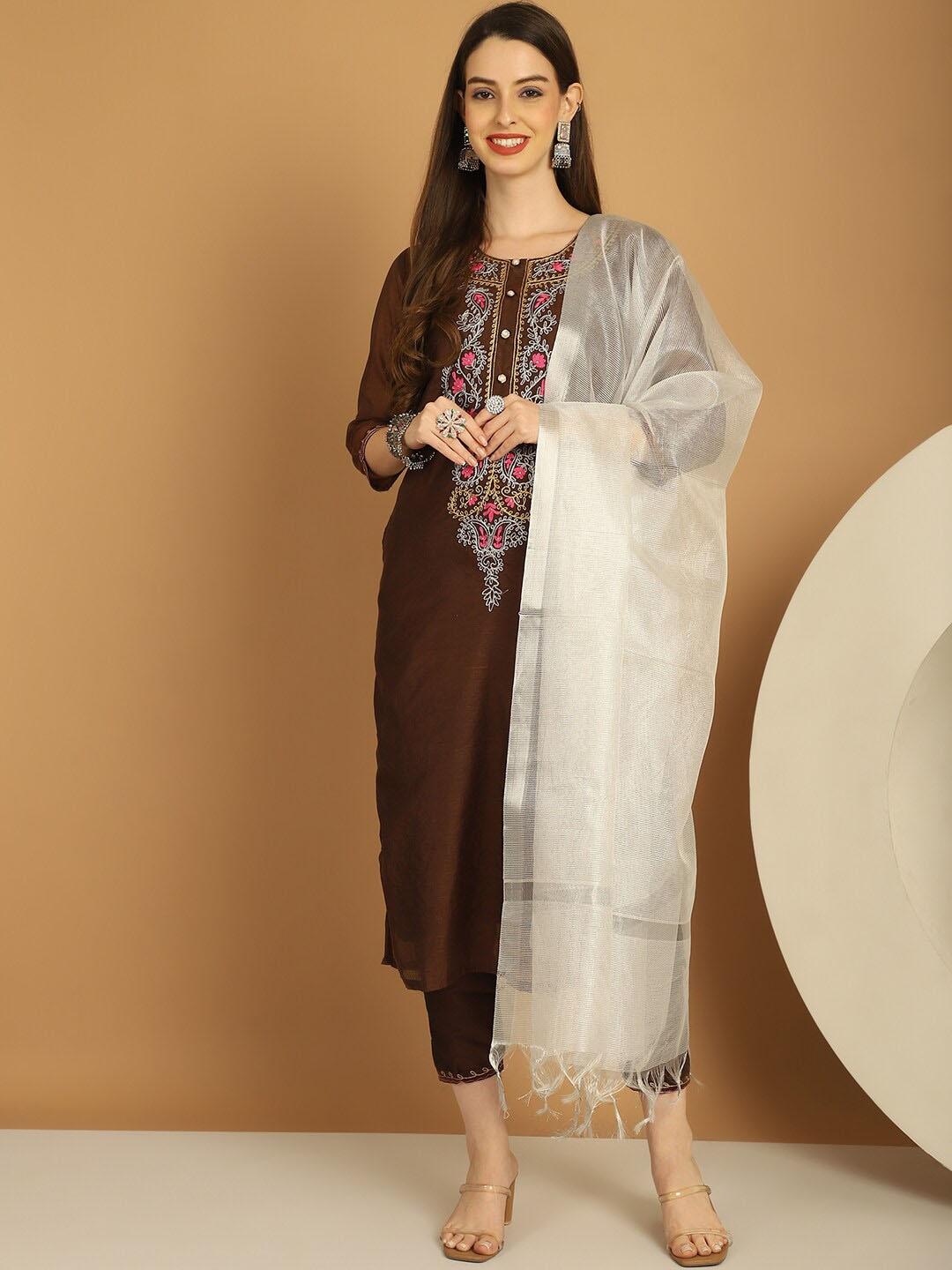 Tulsattva Women Brown Embroidered Kurta with Trousers & With Dupatta