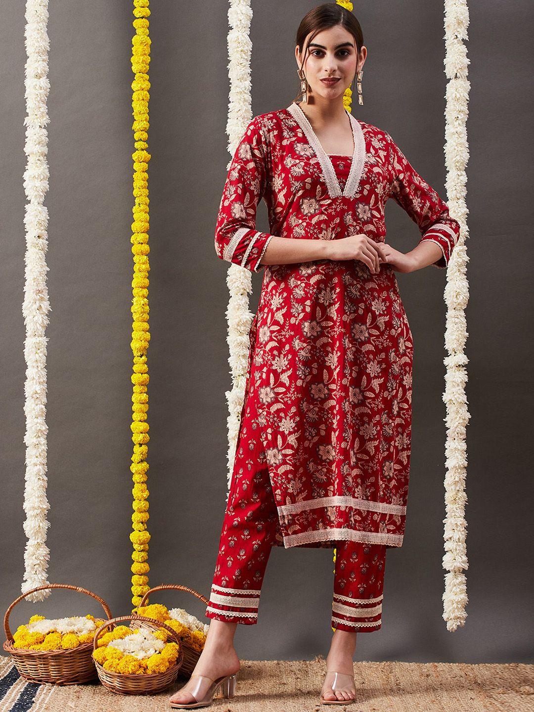 FASHOR Women Red Floral Printed Regular Beads and Stones Pure Cotton Kurta with Trousers