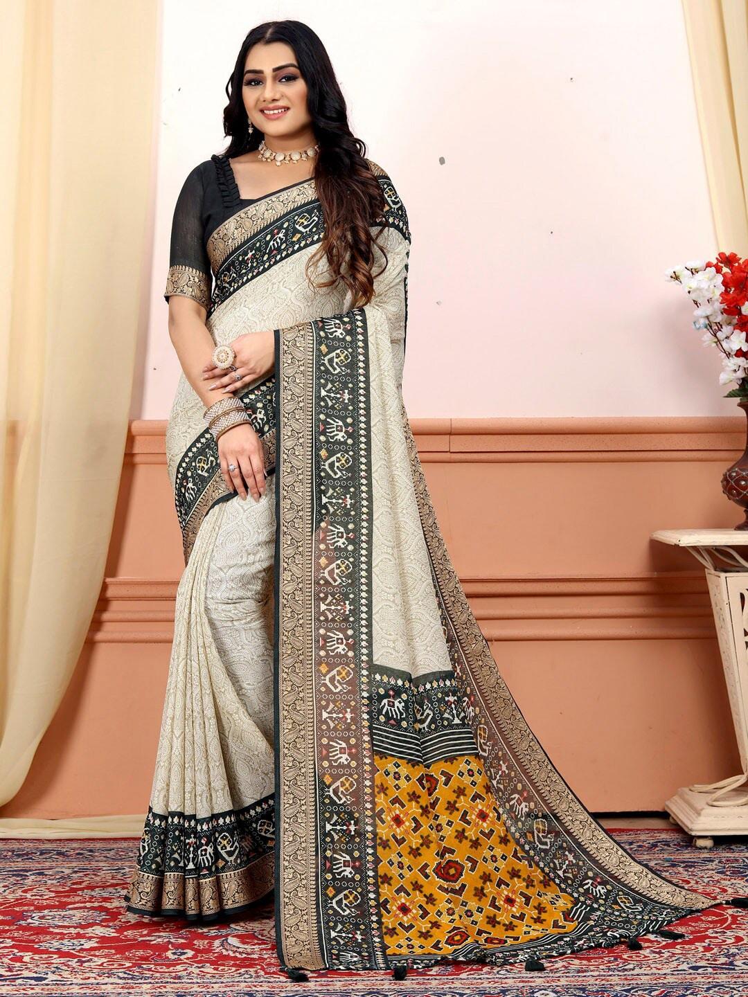 saree-mall-cream-coloured-&-black-ethnic-motifs-printed-pure-georgette-zari-patola-sarees