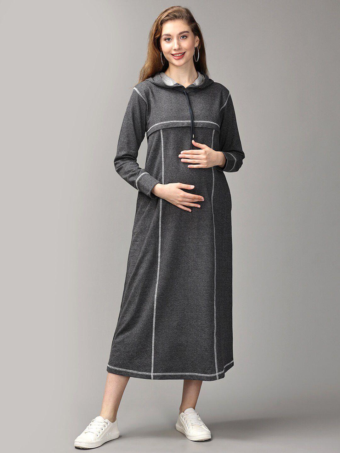 The Mom Store Maternity Hooded Cotton A-Line Midi Dress