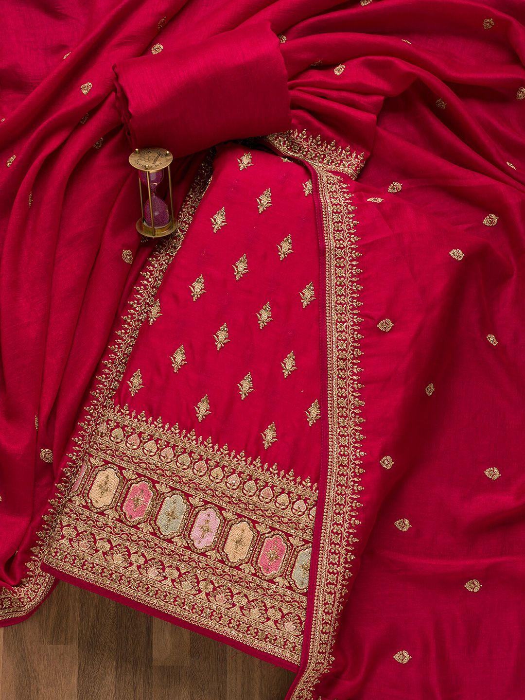 Koskii Pink Embroidered Raw Silk Unstitched Dress Material