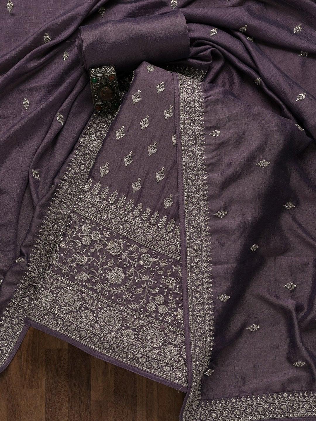 Koskii Purple Embroidered Raw Silk Unstitched Dress Material