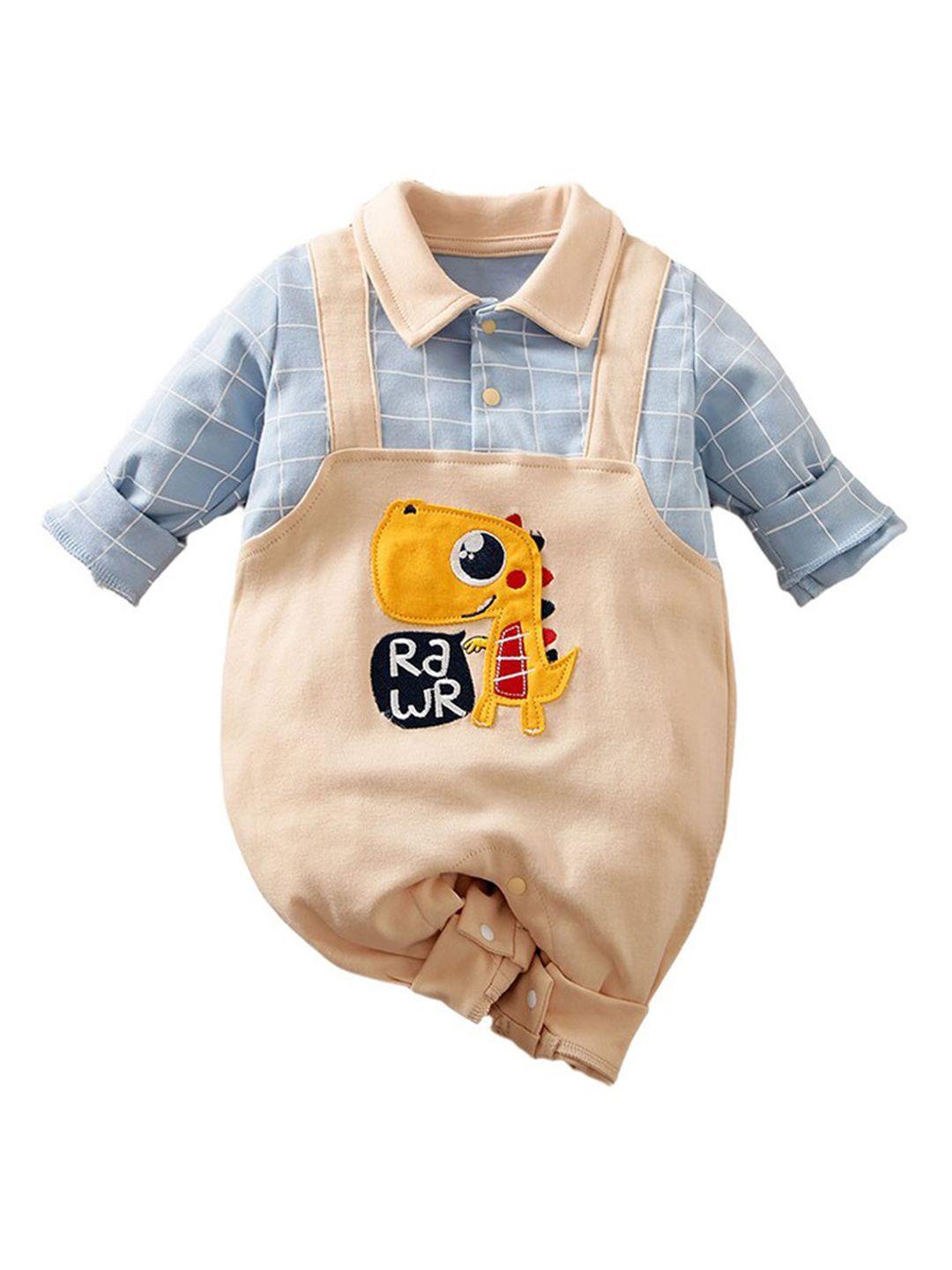 stylecast-kids-blue-&-beige-checked-applique-patch-pure-cotton-rompers