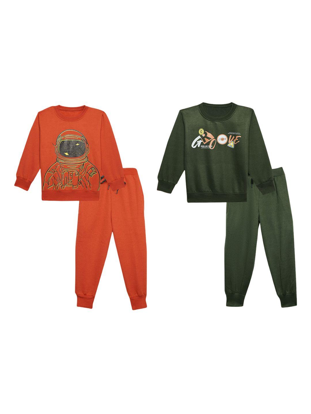 VIMAL JONNEY Kids Pack Of 2 Graphic Printed Long Sleeves Cotton & Fleece Clothing Set