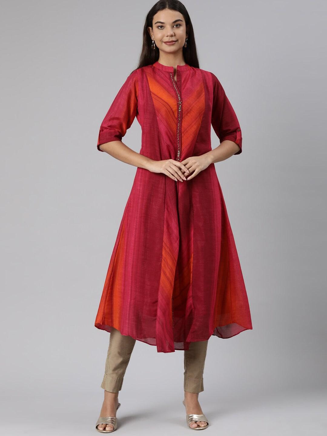 neerus-mandarin-collar-silk-a-line-dress