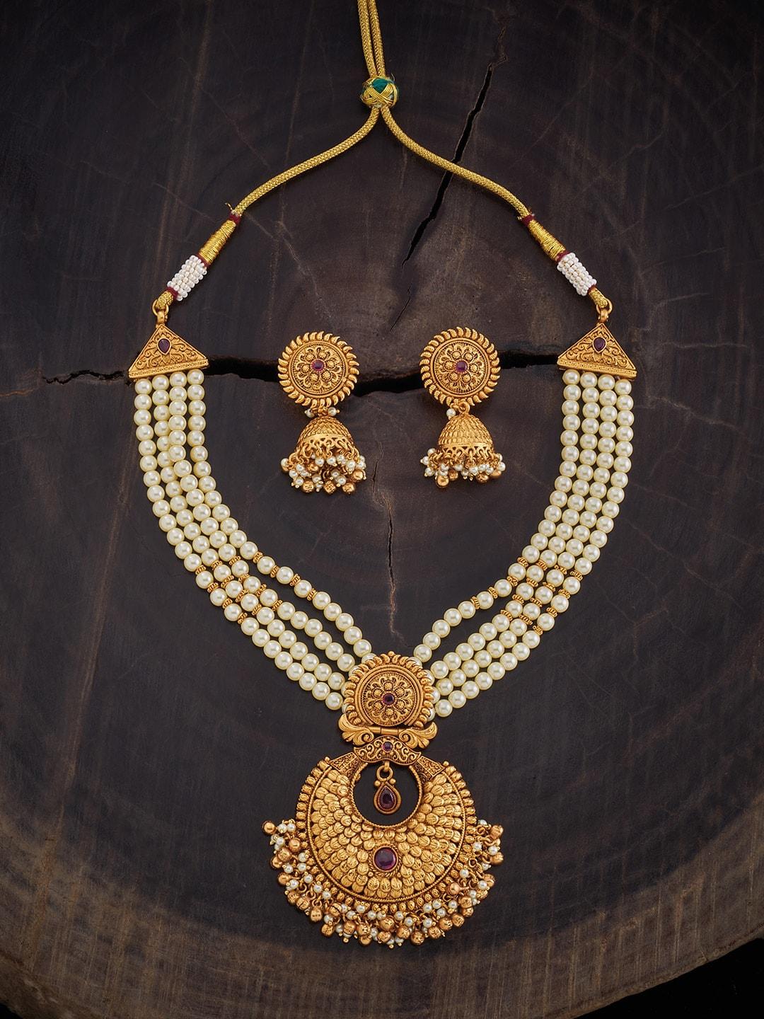 Kushal's Fashion Jewellery Gold-Plated Stone-Studded & Pearl Beaded Antique Jewellery Set