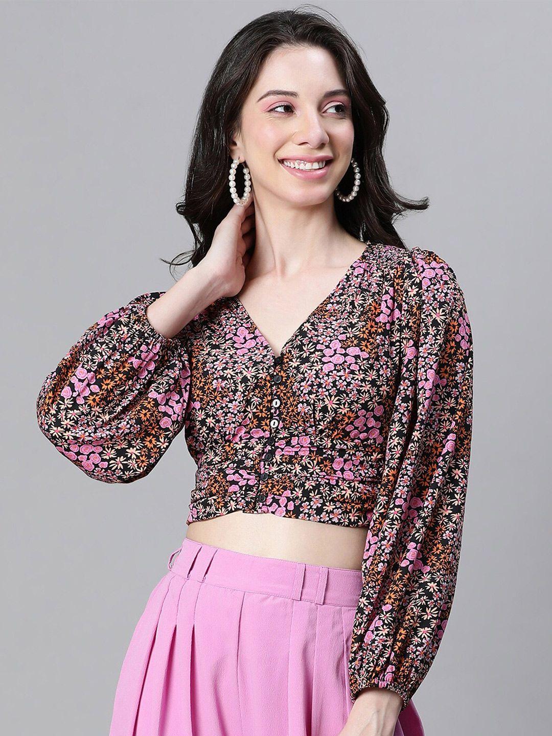 oxolloxo-floral-printed-v-neck-puff-sleeves-crop-top