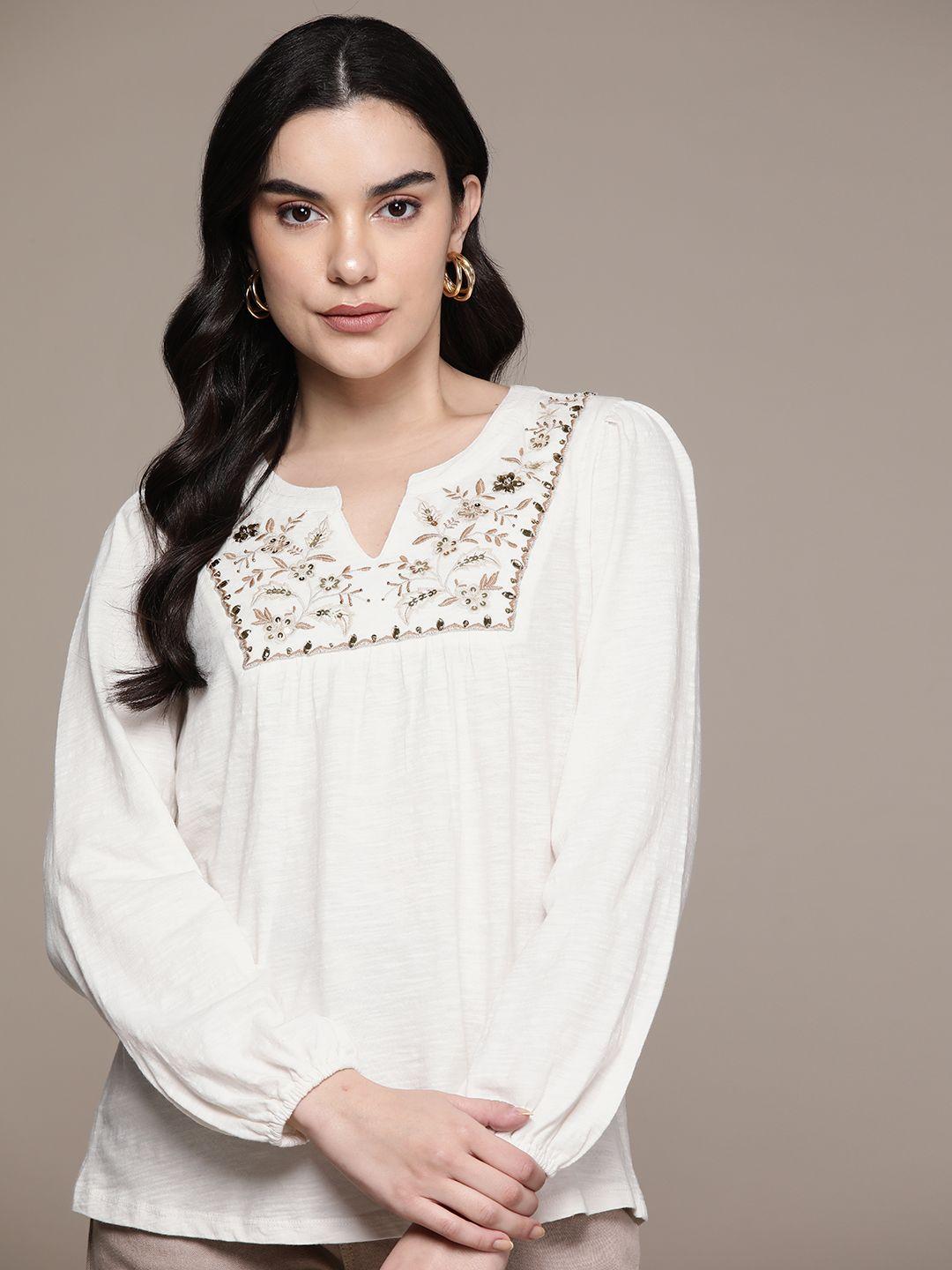 Macy's Style & Co. Floral Embroidered & Sequinned Puff Sleeve Cotton Top