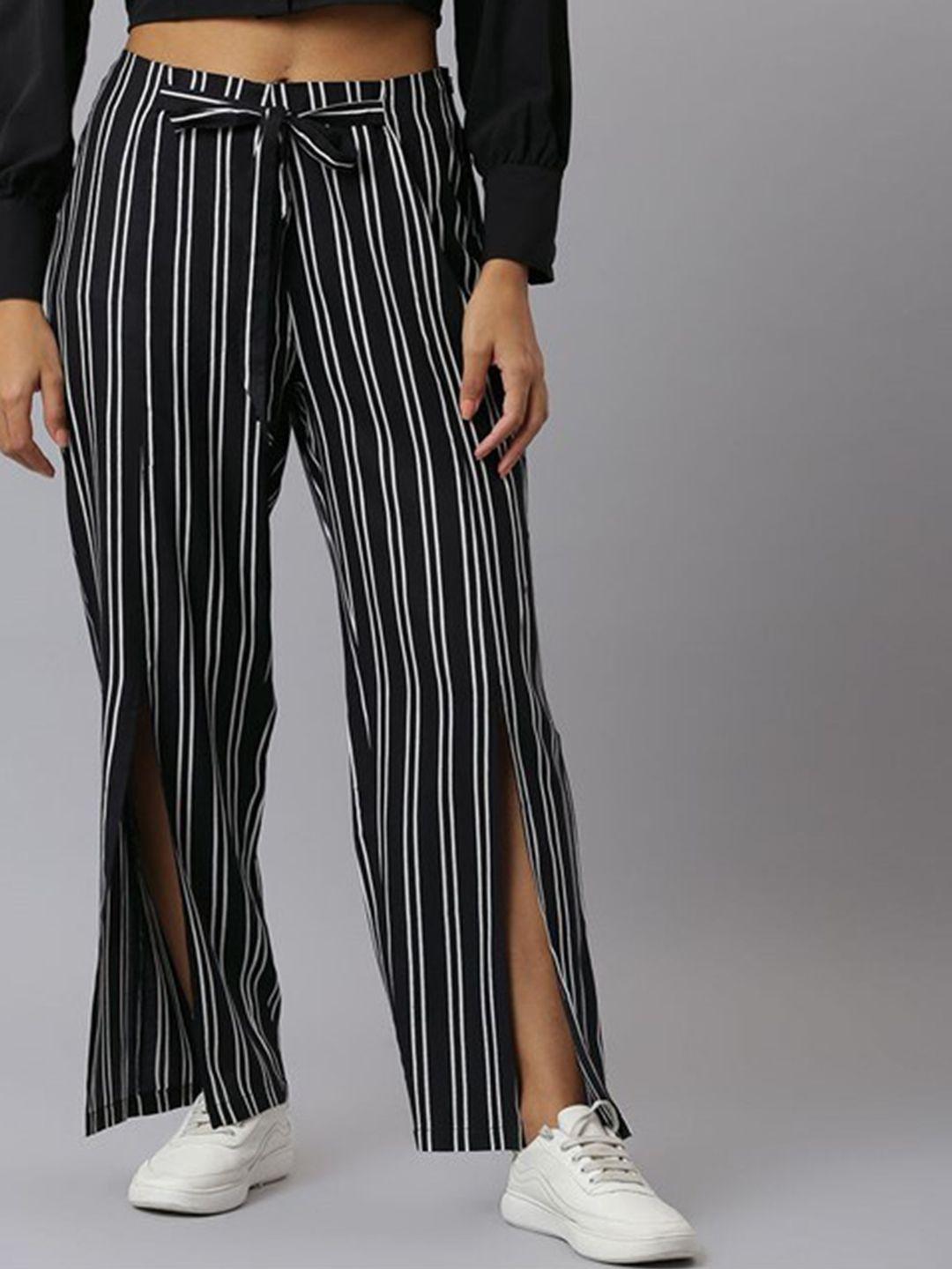 Aila Women Striped Front Slit Parallel Trouser