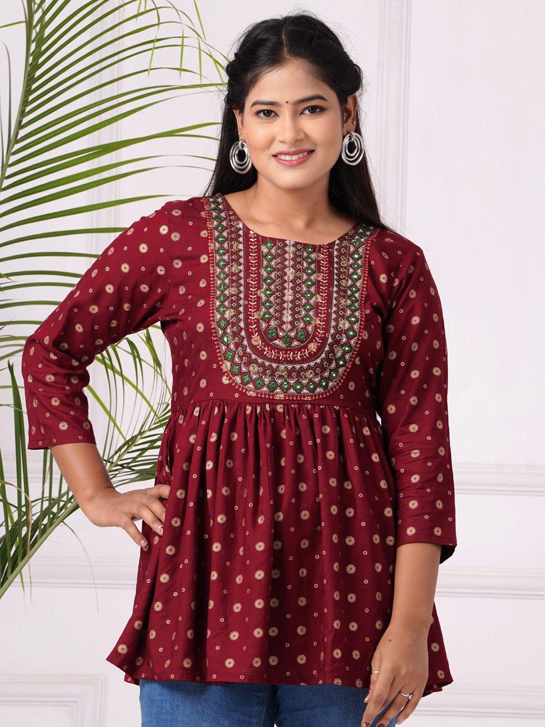 baesd-maroon-&-gold-toned-floral-embroidered-top