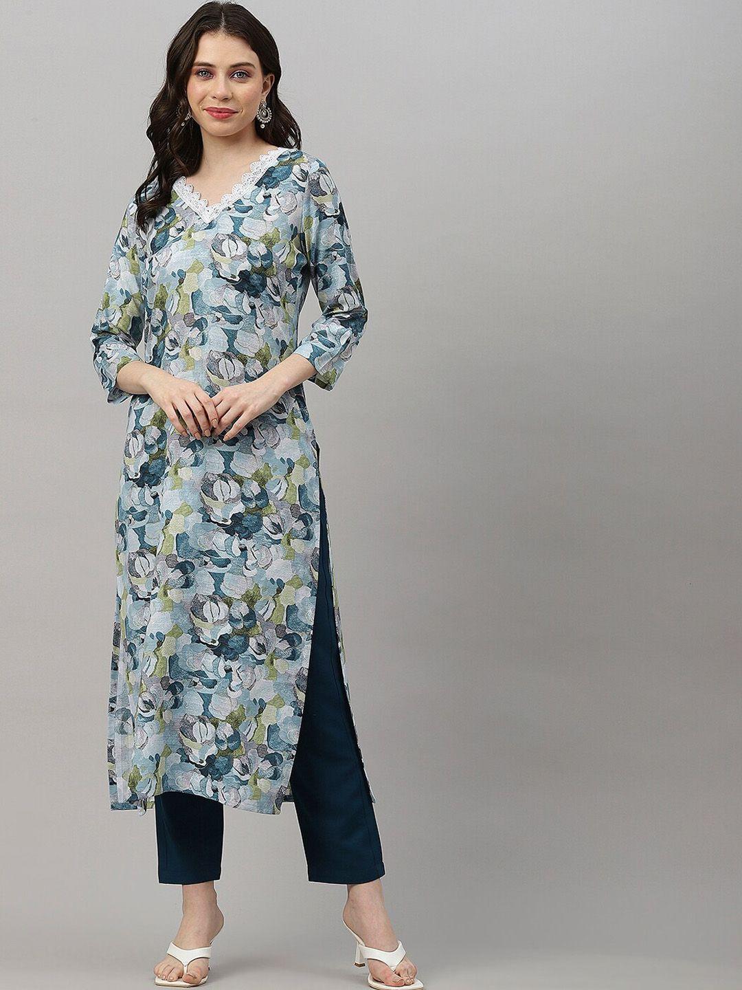 KALINI Floral Printed V-Neck Straight Kurta With Trousers