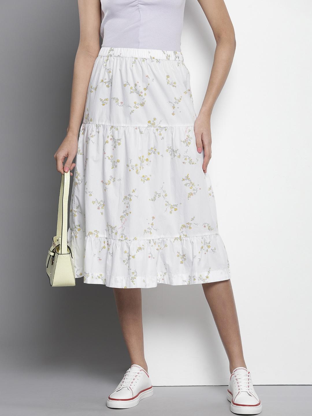 Tommy Hilfiger Women Pure Cotton Floral Printed Tiered A-Line Midi Skirt