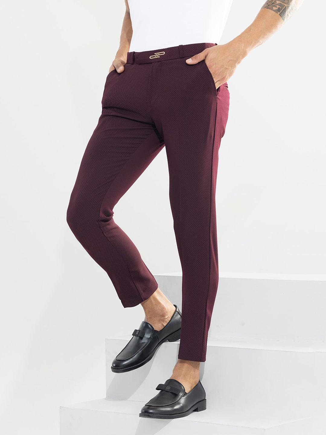 Snitch Men Purple Smart Slim Fit Mid-Rise Geometric Self Design Trouser
