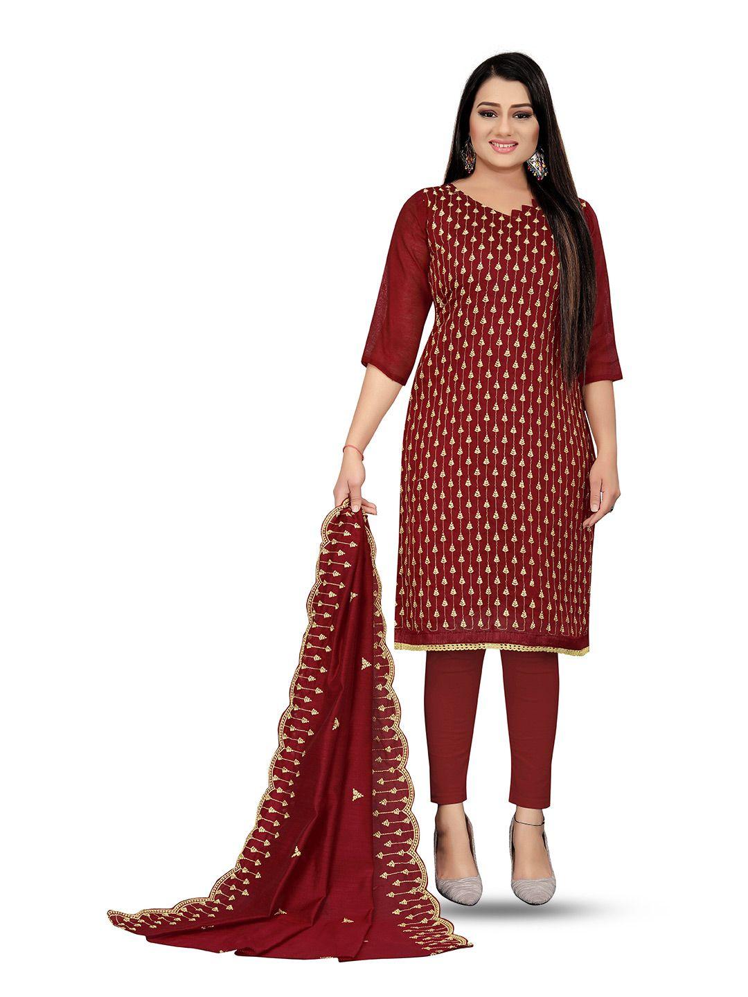 MANVAA Maroon Embroidered Unstitched Dress Material