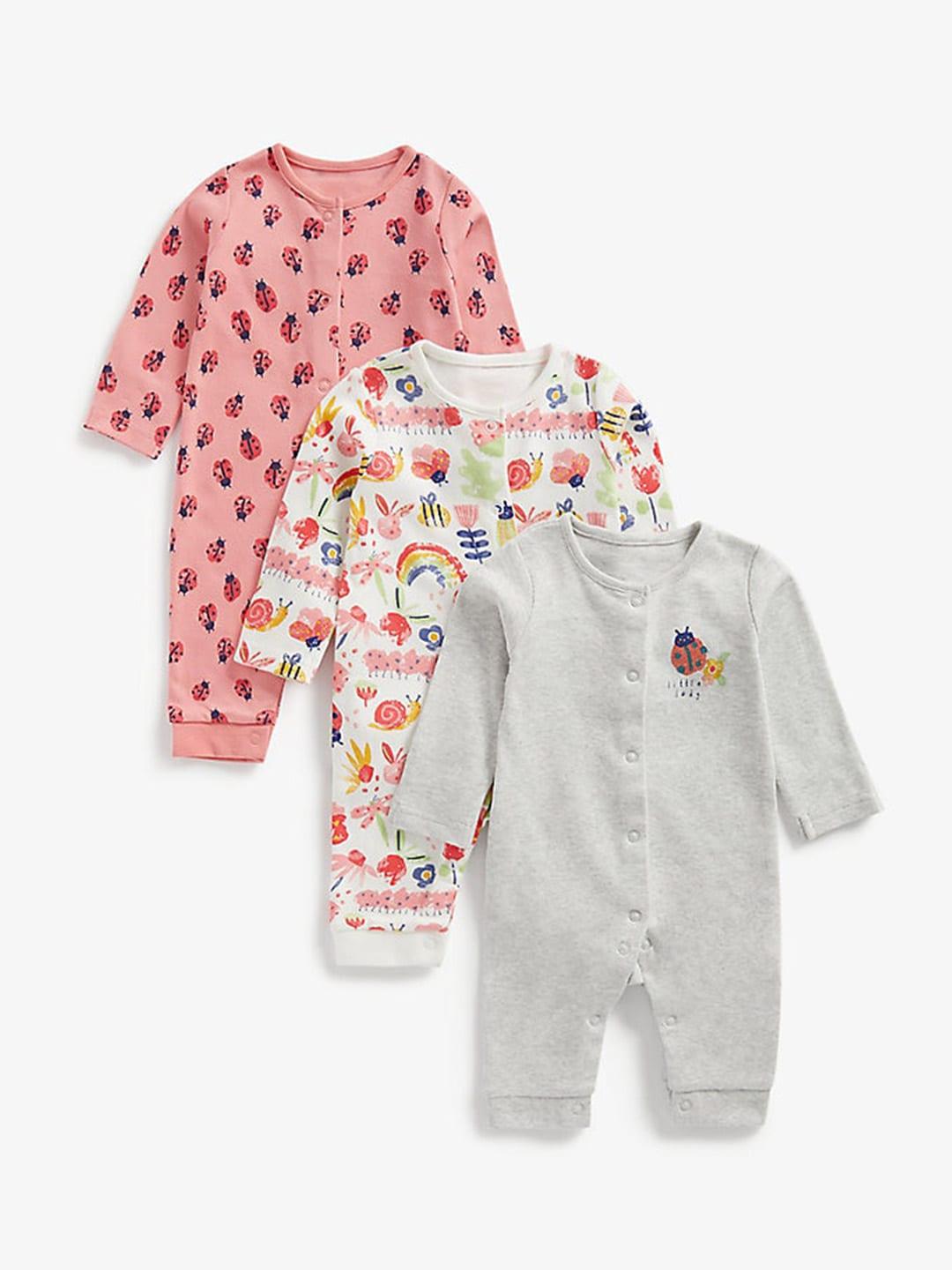 mothercare Infants Kids Pack Of 3 Printed Cotton Rompers