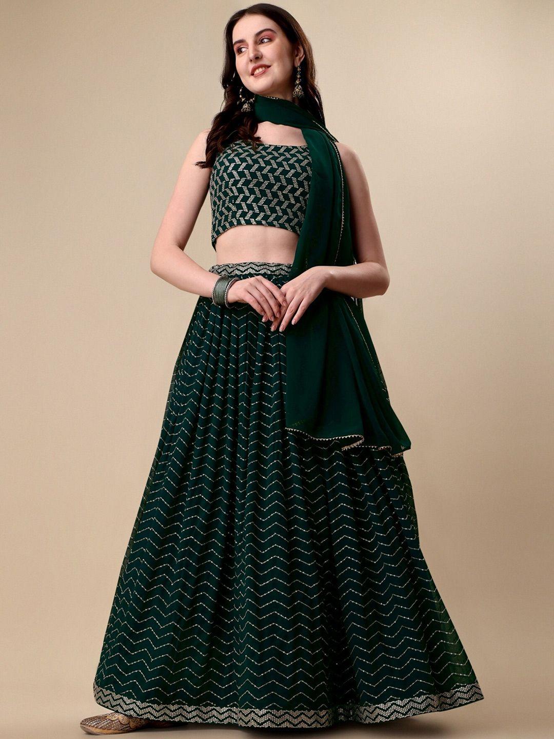 Momina Fashion Green Embroidered Sequinned Semi-Stitched Lehenga & Unstitched Blouse With Dupatta