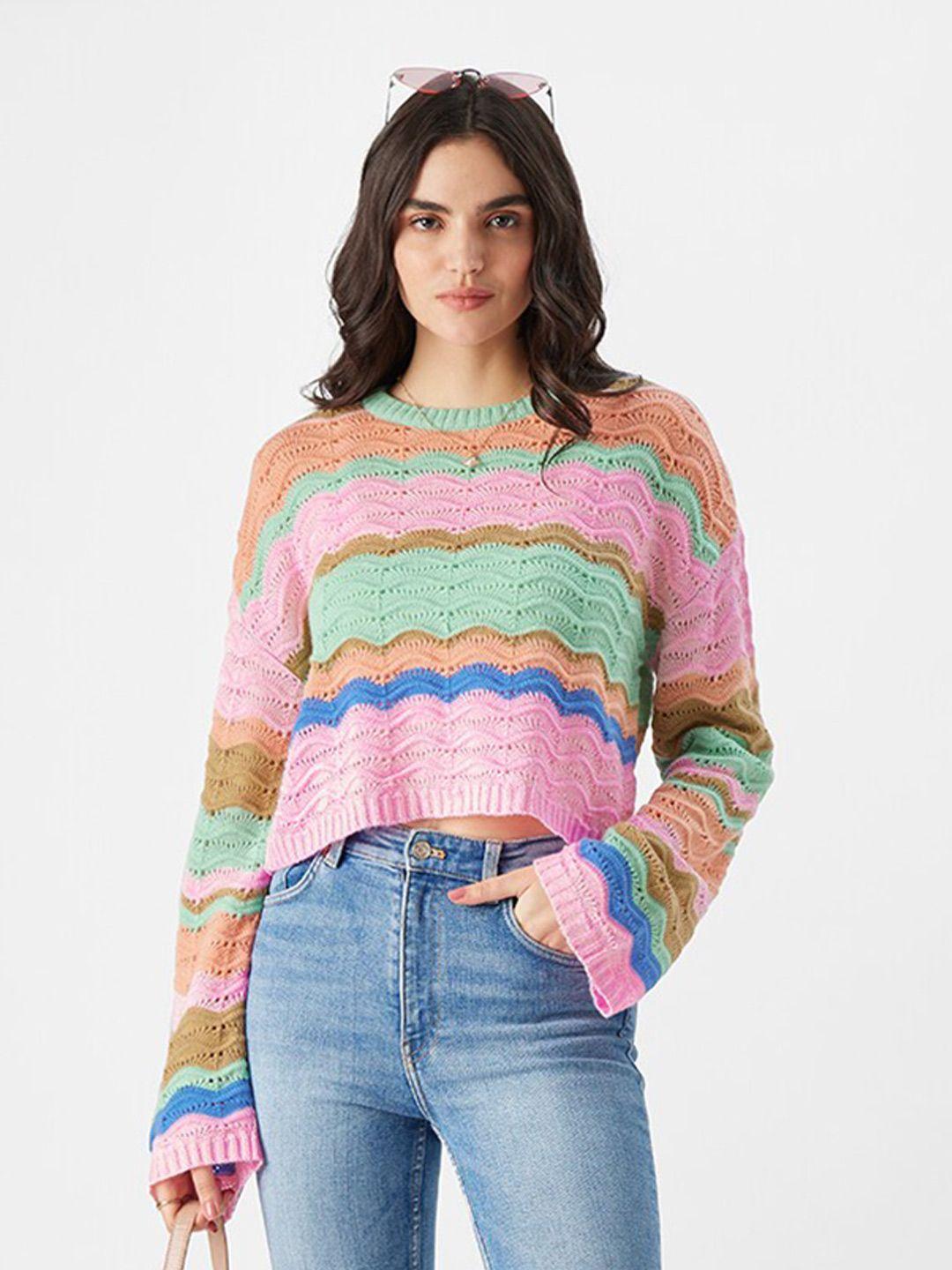 the-souled-store-pink-&-green-colourblocked-acrylic-crop-pullover-sweater