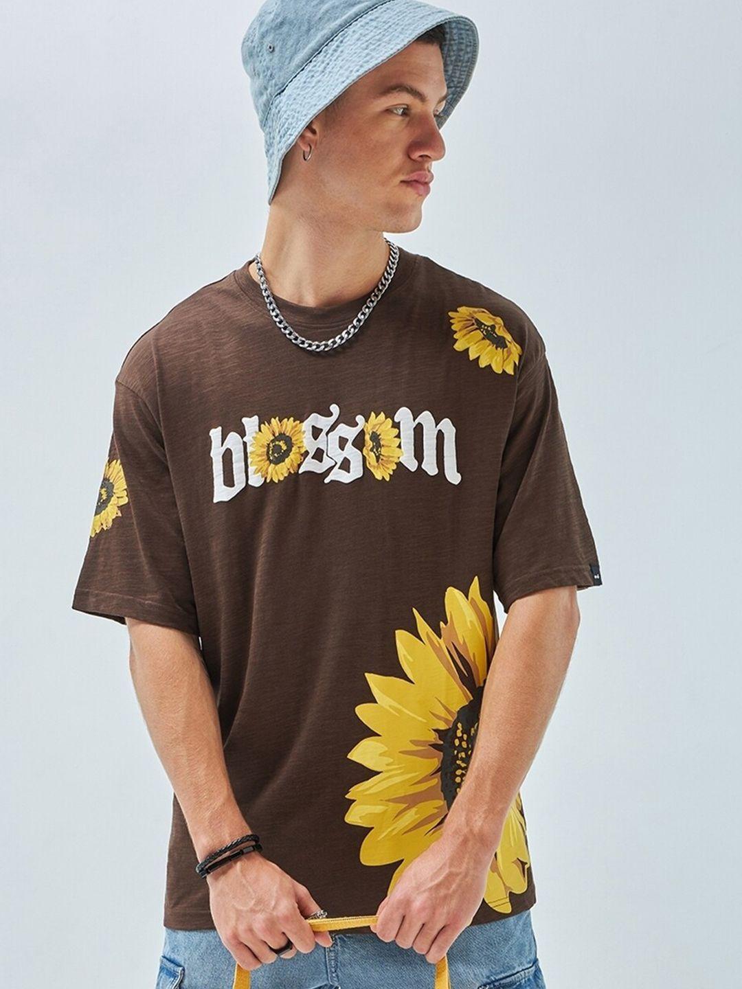 Bewakoof Brown & Yellow Printed Oversized Drop Shoulder Sleeves Pure Cotton T-shirt