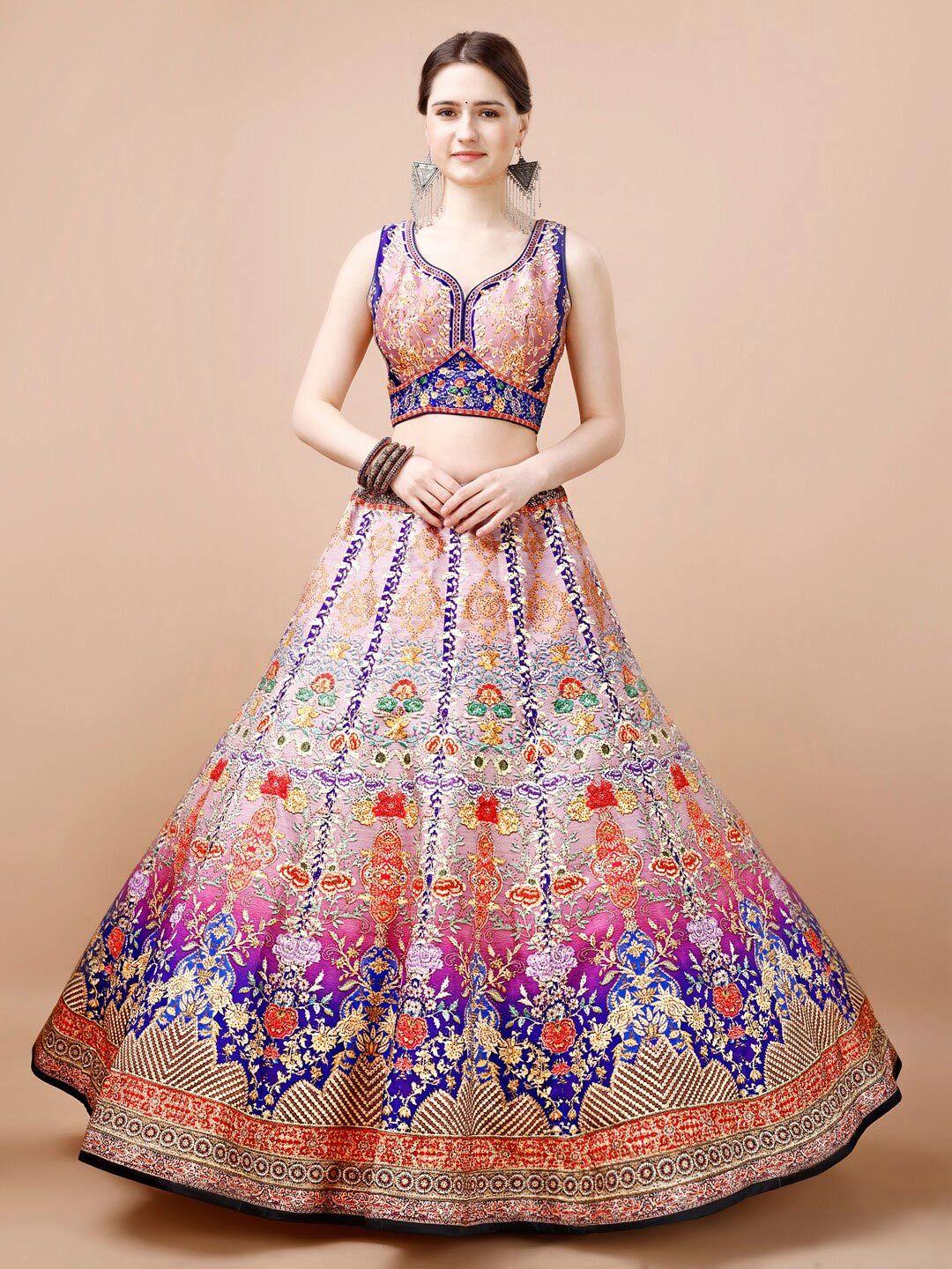 SAPTRANGI Pink & Blue Embroidered Ready to Wear Lehenga & Blouse With Dupatta