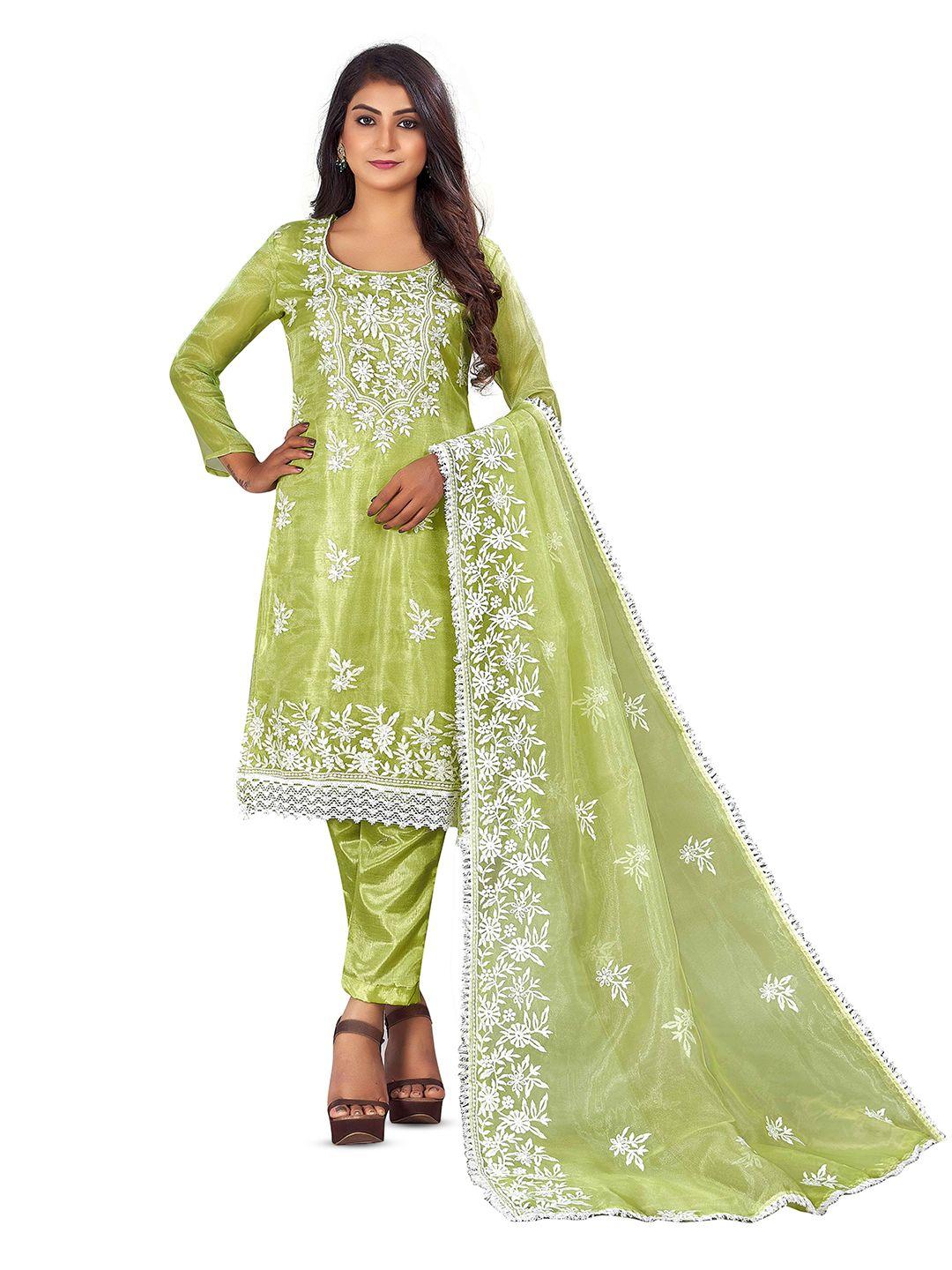 MANVAA Green Embroidered Organza Unstitched Dress Material