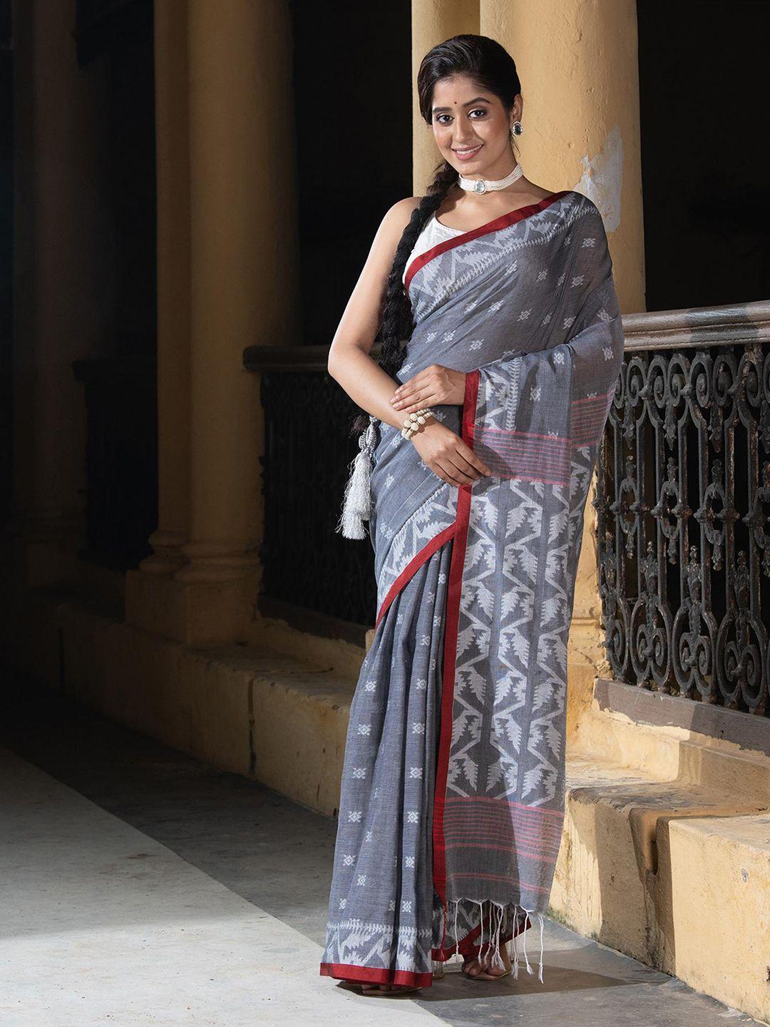 Angoshobha Grey Woven Design Pure Cotton Handloom Jamdani Saree