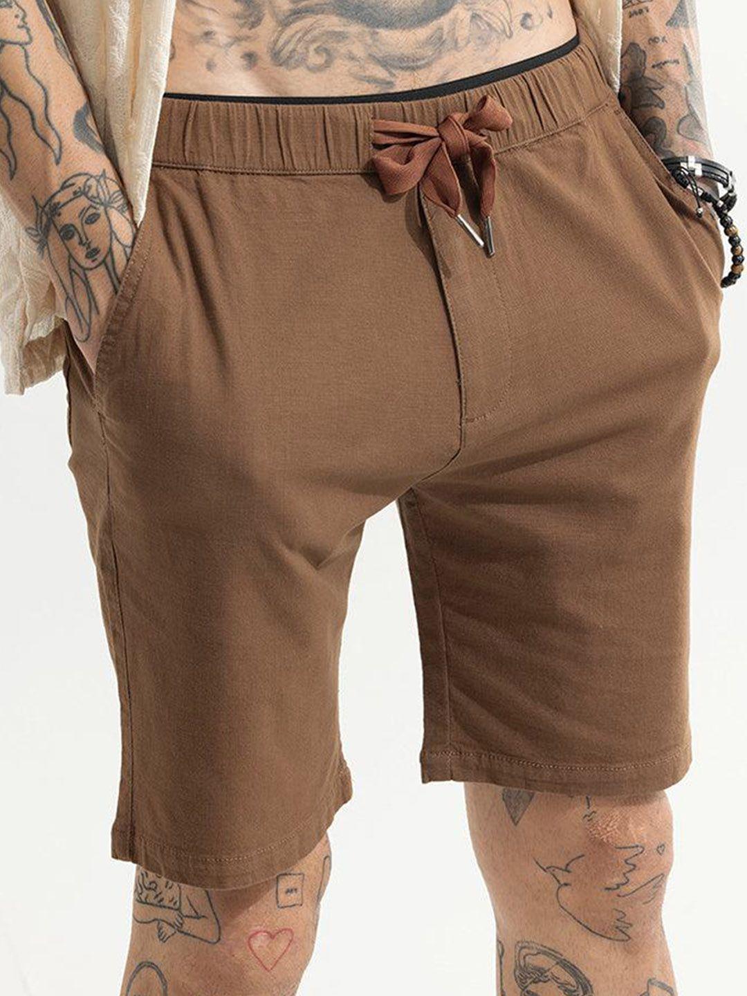 snitch-men-brown-mid-rise-slim-fit-linen-shorts