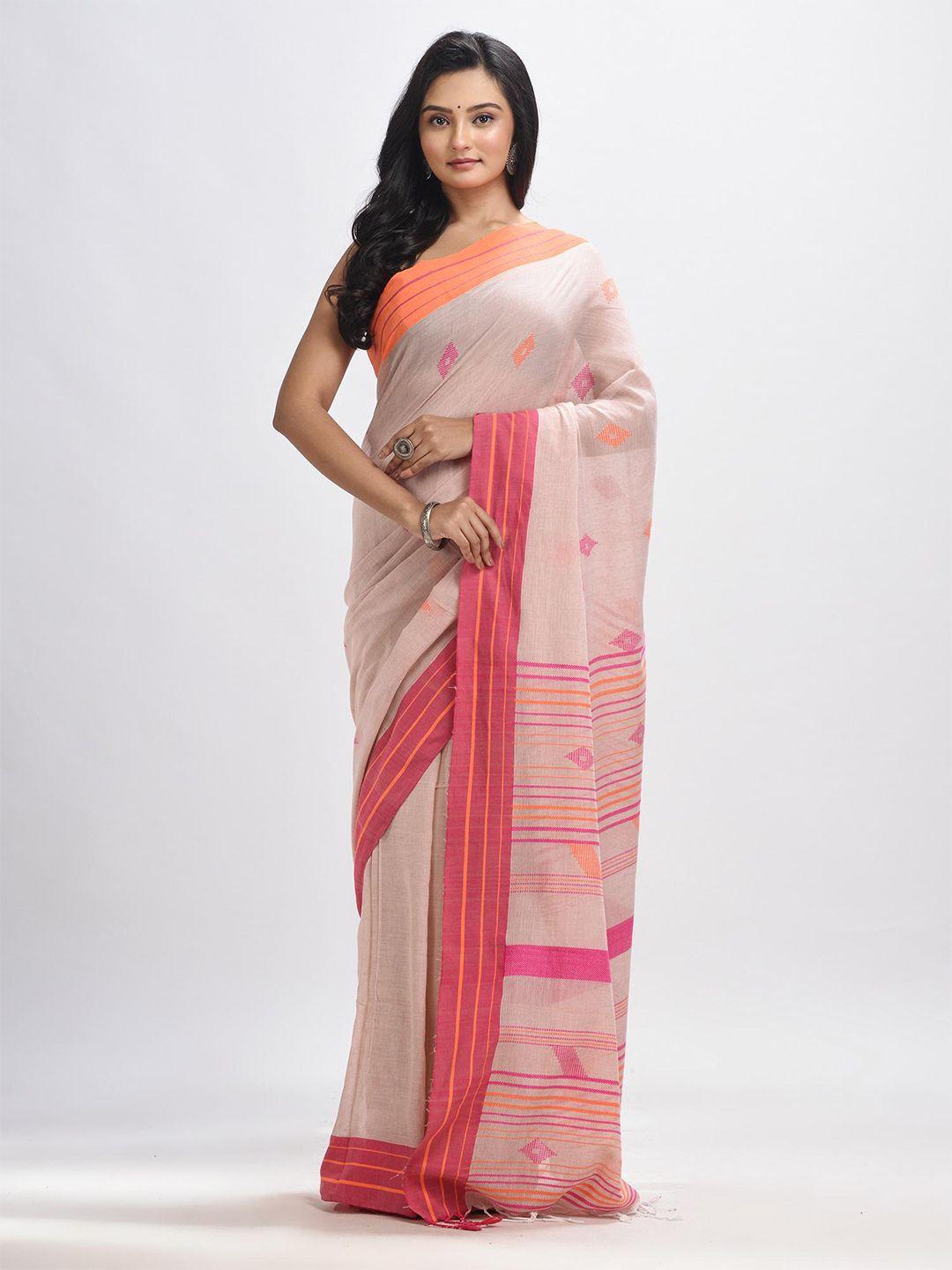 Angoshobha Peach-Coloured Woven Design Pure Cotton Handloom Jamdani Saree