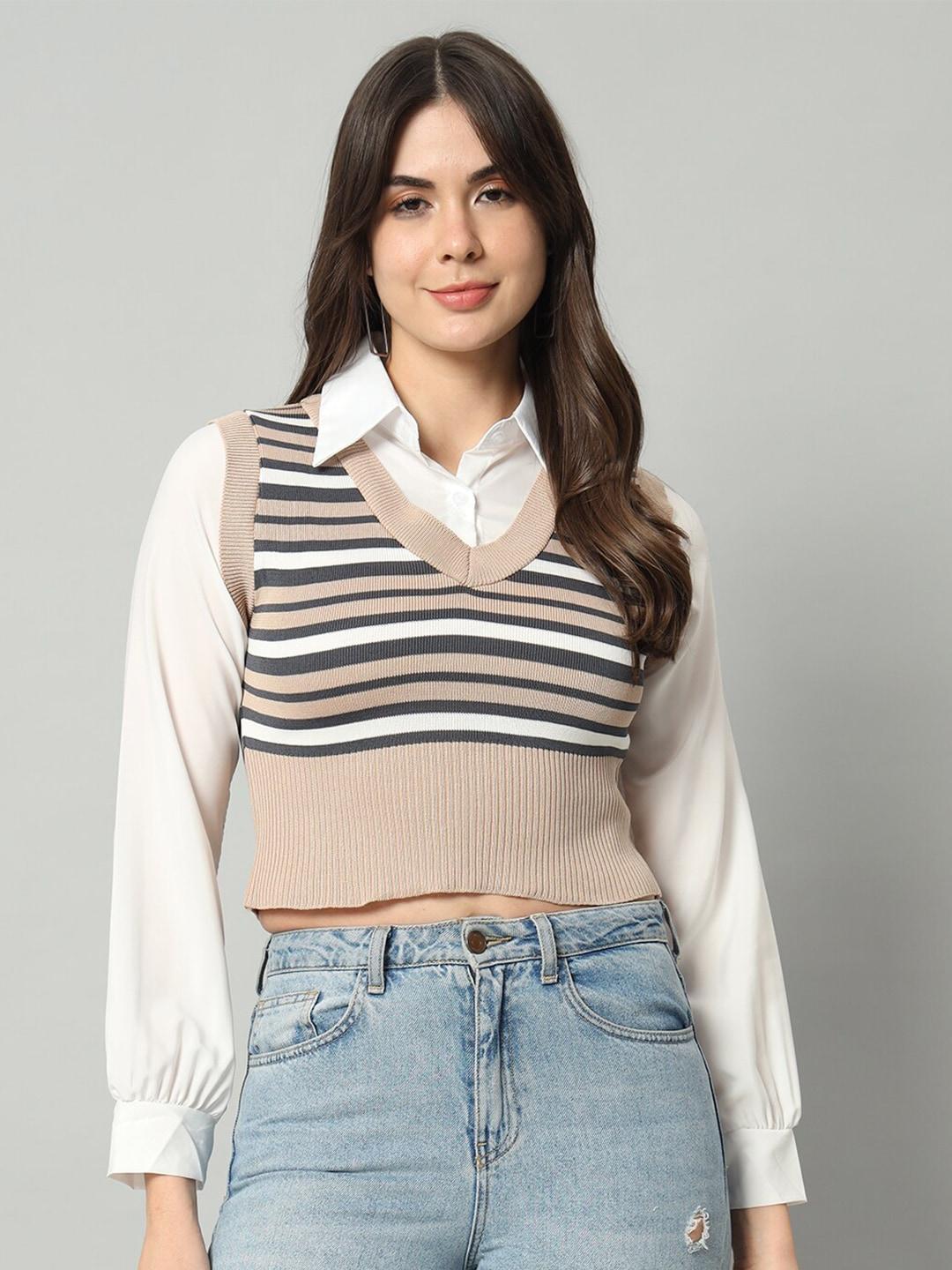 broowl-women-peach-coloured-&-white-striped-woollen-sweater-vest