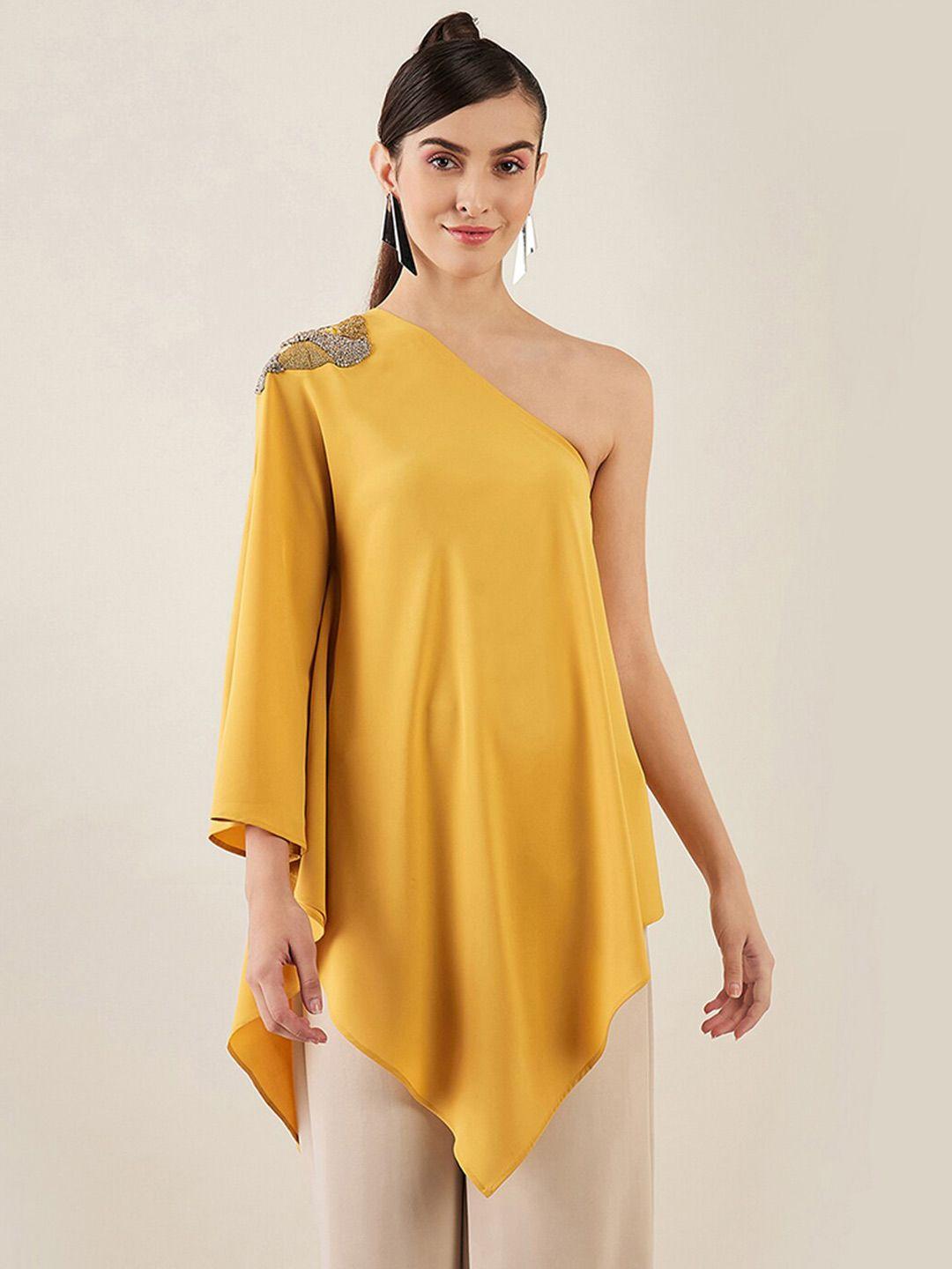 first-resort-by-ramola-bachchan-mustard-yellow-&-mustard-yellow-embroidered-one-shoulder-cape-sleeve-top