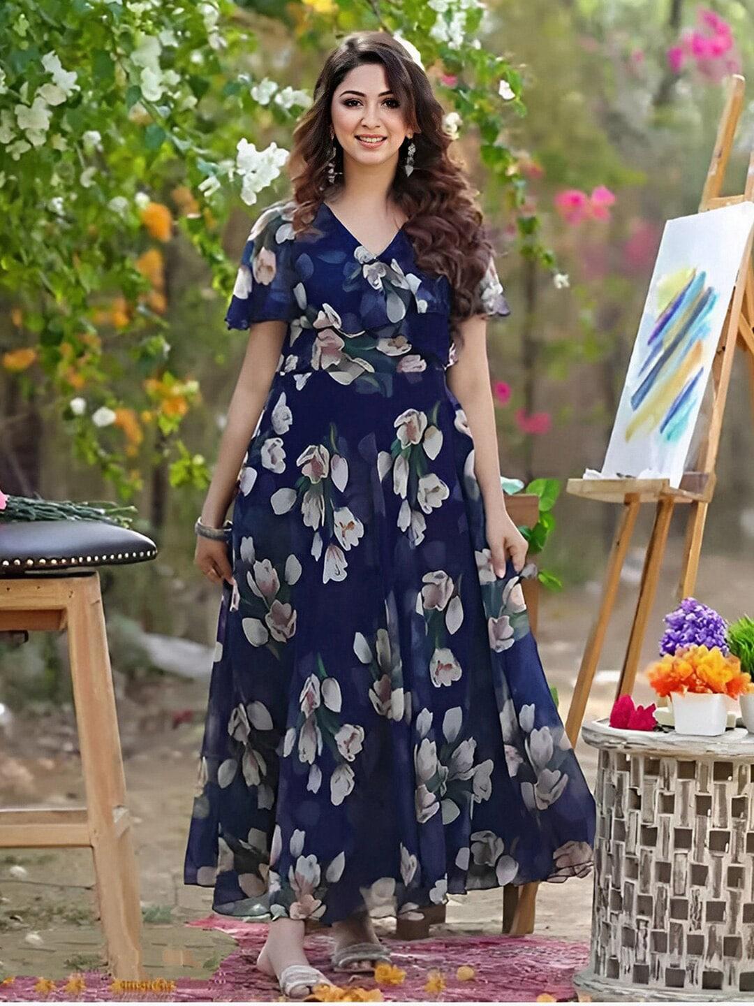 Selvia Navy Blue & Multicoloured Floral Print Georgette Maxi Dress