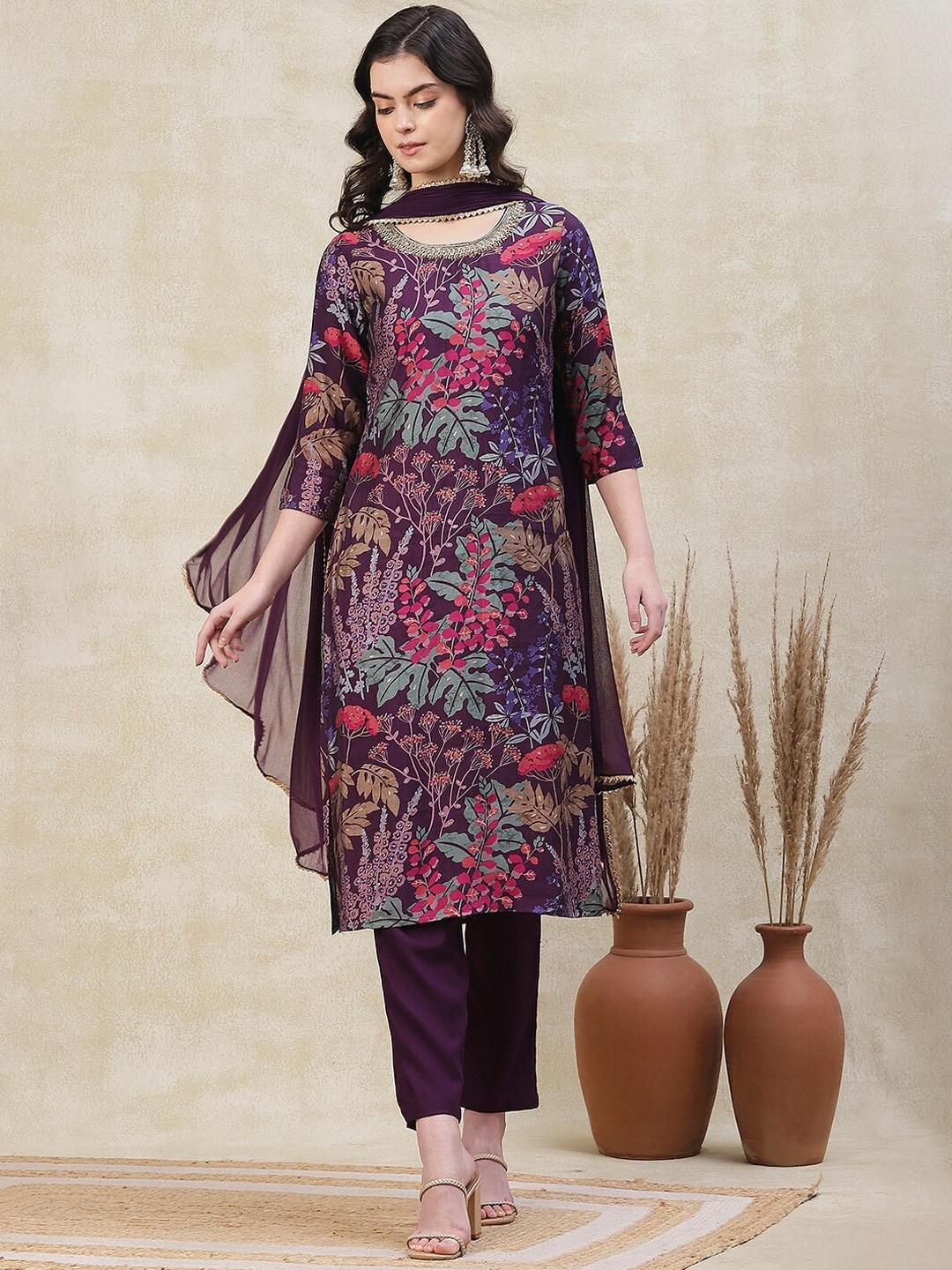 FASHOR Women Purple Floral Printed Regular Beads and Stones Kurta with Trousers & With Dupatta
