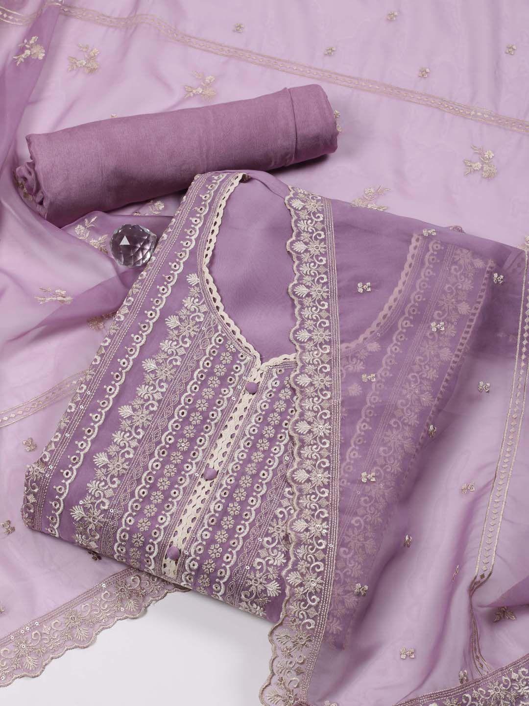 Meena Bazaar Mauve Embroidered Organza Unstitched Dress Material