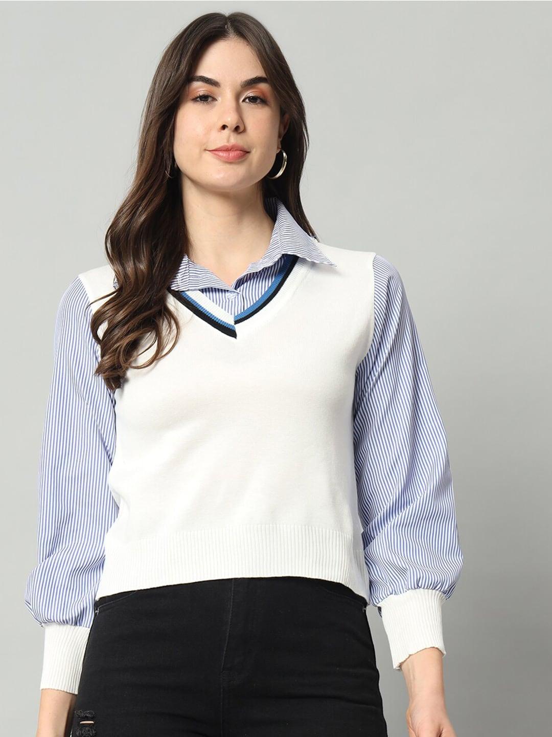 BROOWL Women White & Blue Woollen Sweater Vest