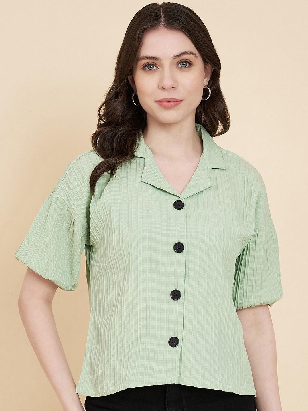 VAIRAGEE Women Olive Green Classic Boxy Striped Casual Shirt