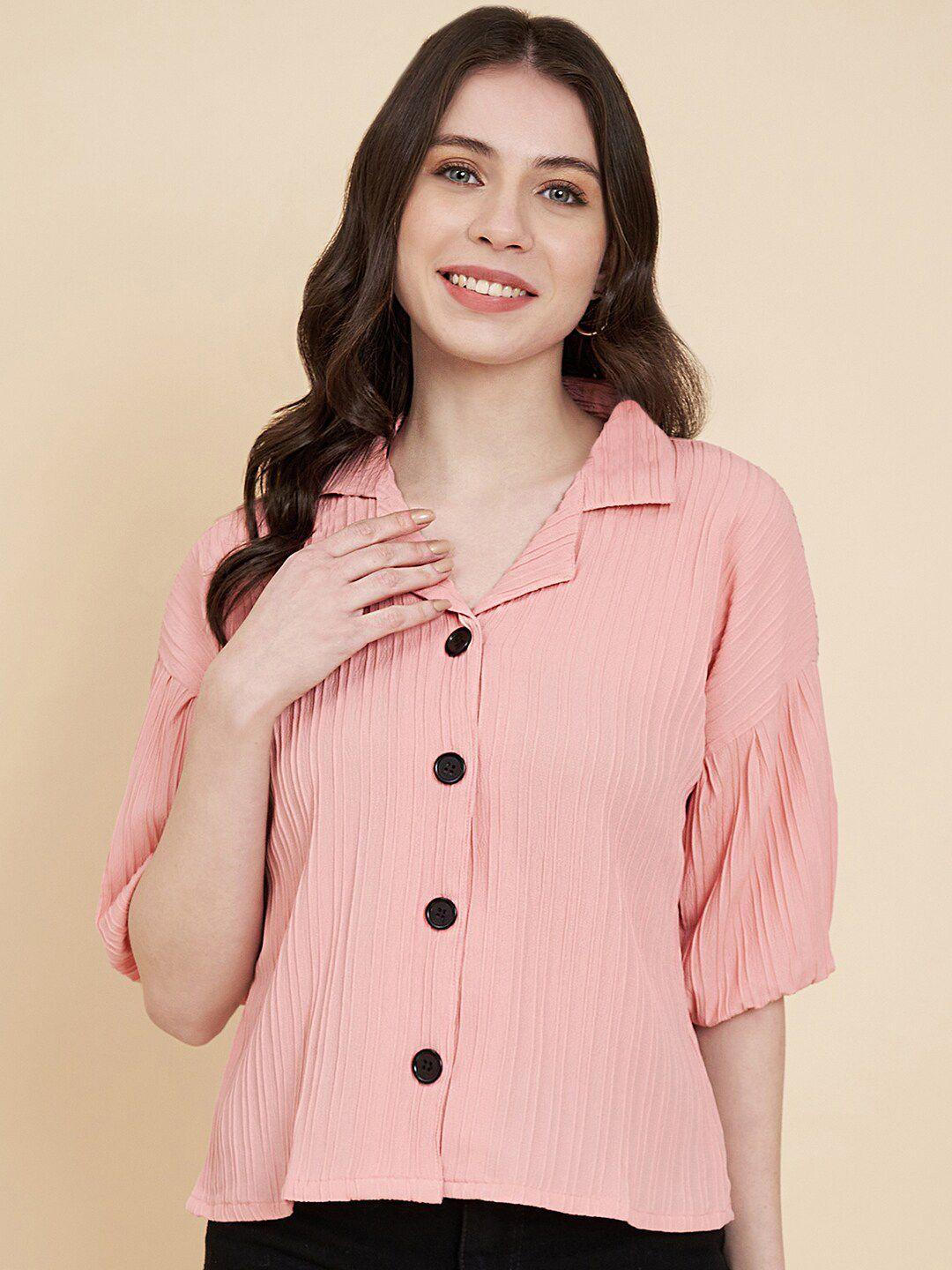 vairagee-women-peach-coloured-classic-boxy-striped-casual-shirt