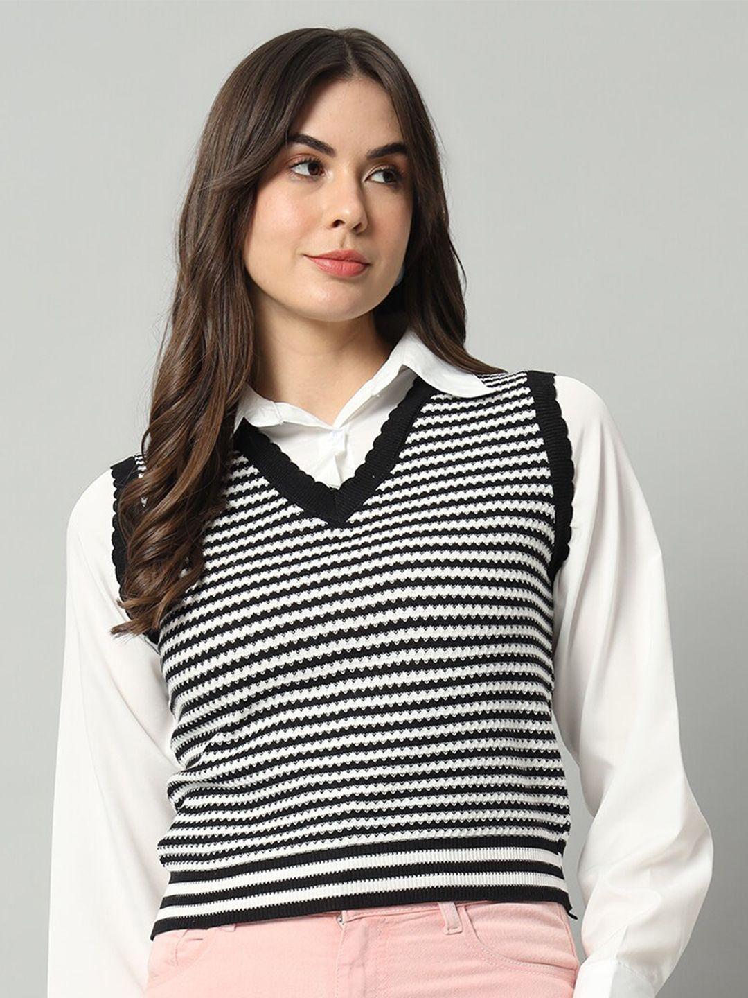 BROOWL Women Black & White Striped Woollen Sweater Vest