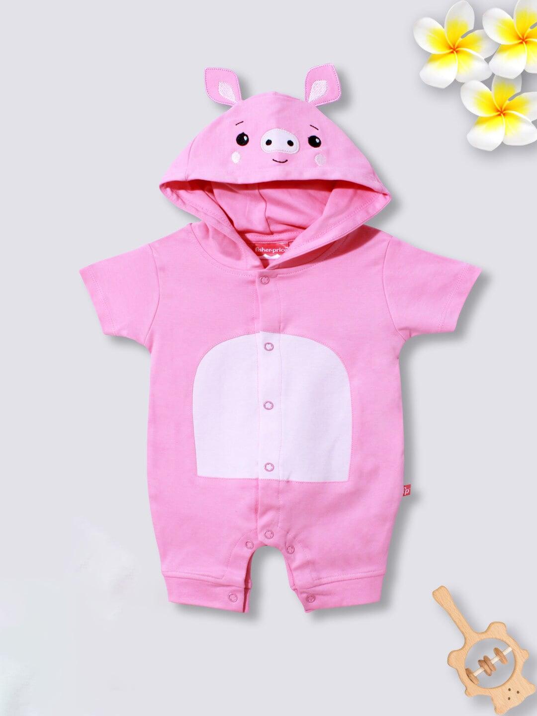 Moms Love Infants Pig-Face Embroidered Cotton Hooded Romper