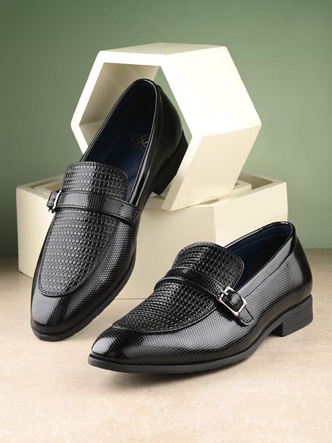 House of Pataudi Men Textured Buckled Formal Slip-On Loafers
