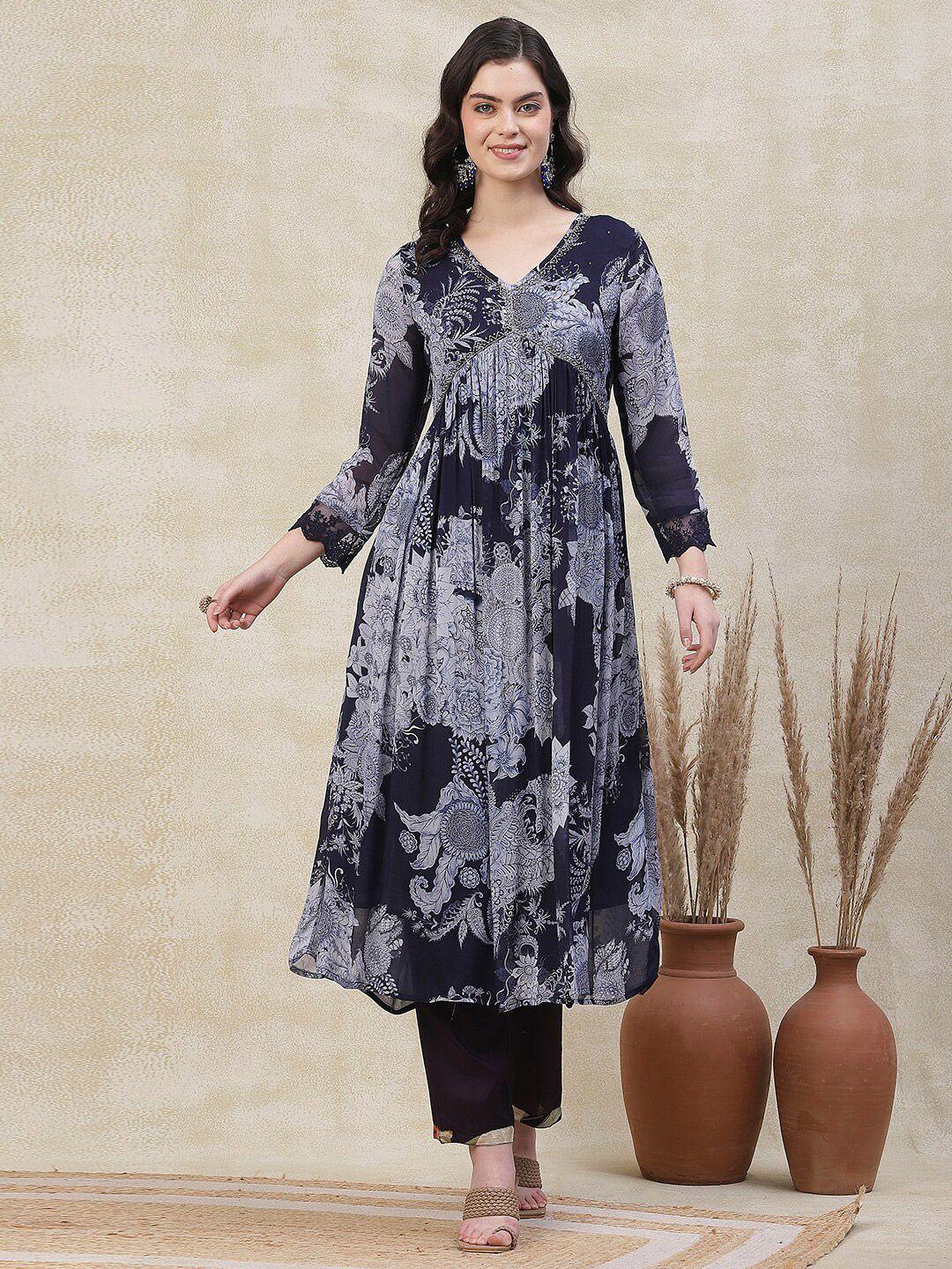 FASHOR Women Navy Blue Floral Printed Pleated Beads and Stones Kurta with Trousers & With Dupatta