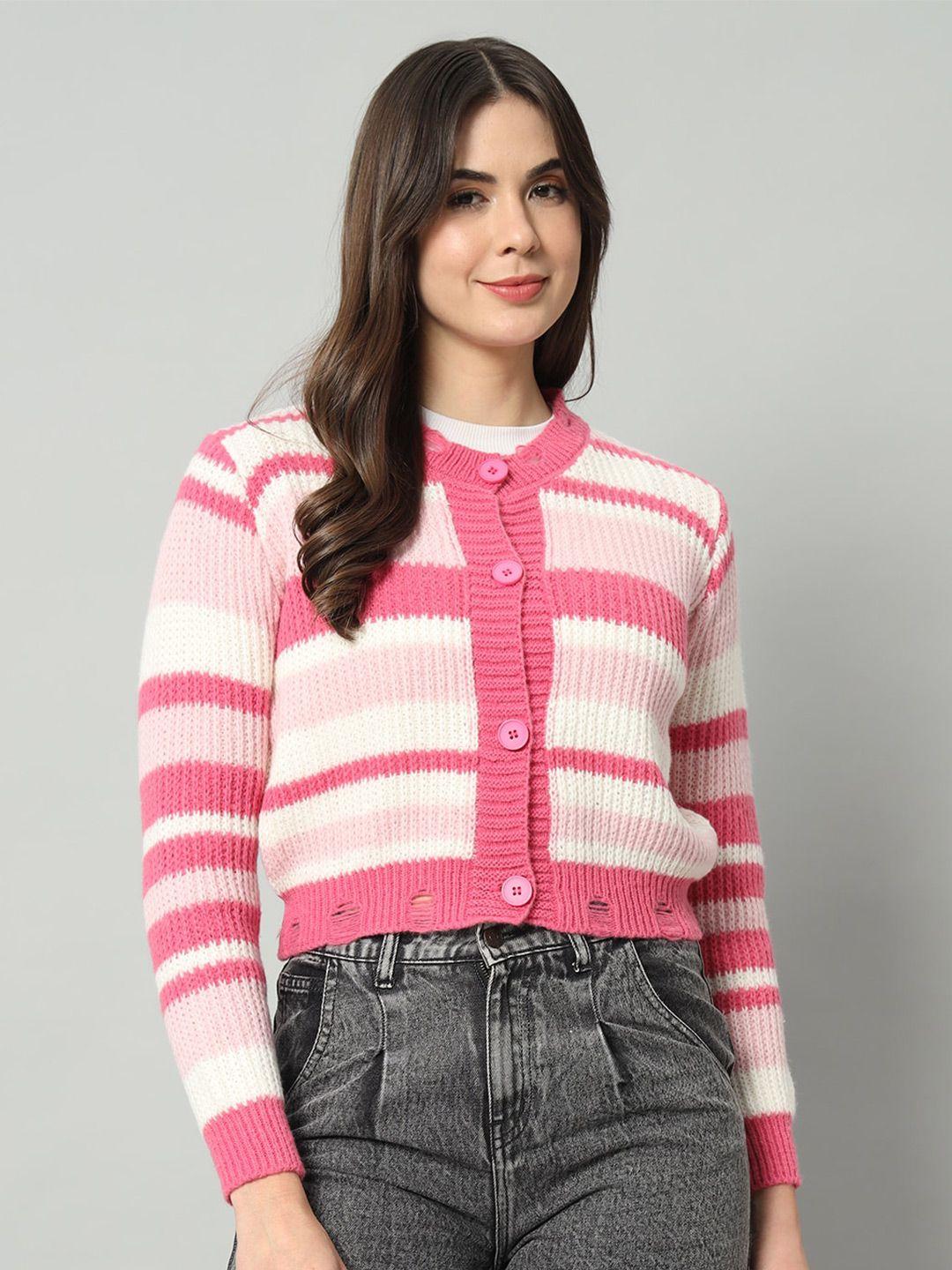 BROOWL Women Pink Striped Woollen Pullover