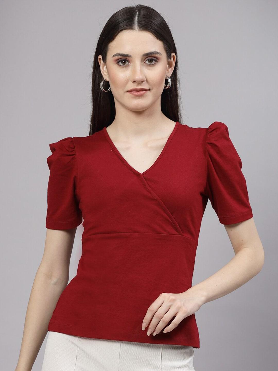 style-quotient-maroon-puff-sleeve-cotton-top
