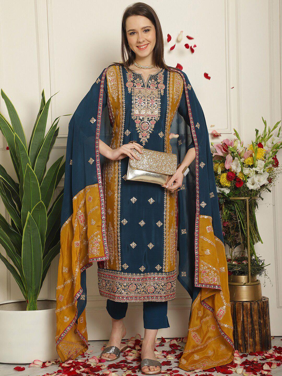 Stylee LIFESTYLE Navy Blue Embroidered Silk Chiffon Unstitched Dress Material