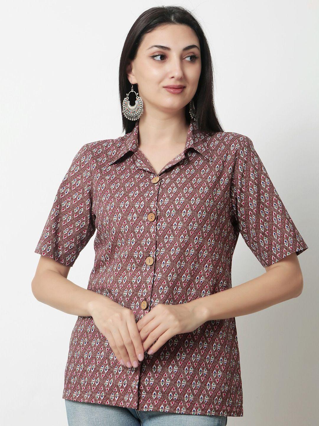 KALINI Geometric Print Shirt Collar Cotton Top