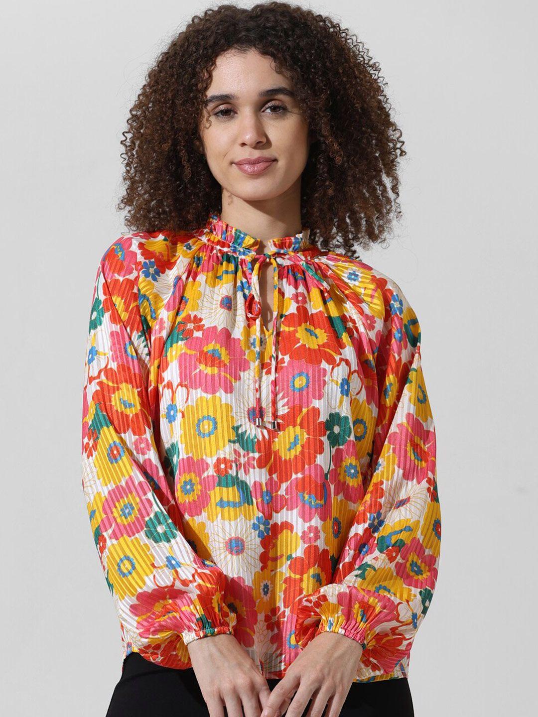 ONLY Self Design Floral Printed Tie Up Neck Long Sleeves Top