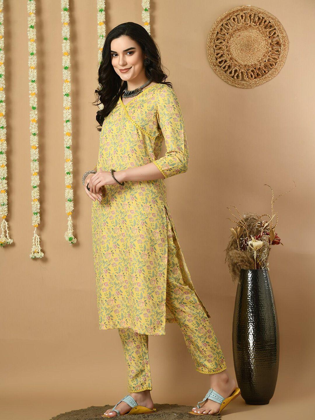 KALINI Floral Printed V-Neck Straight Kurta with Trousers