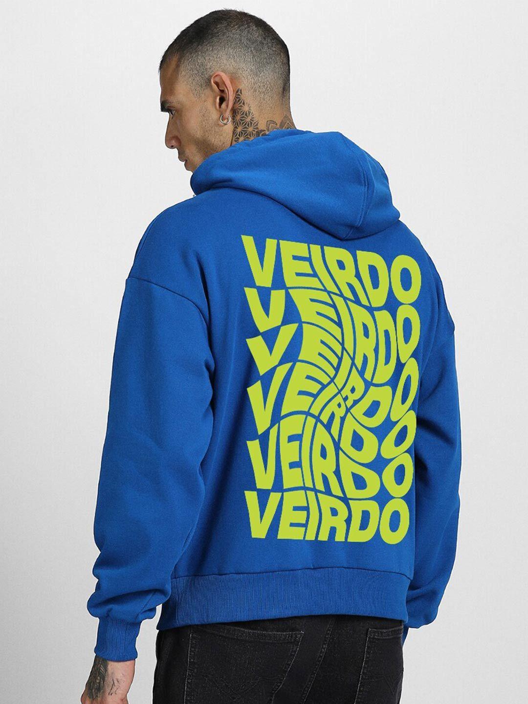 VEIRDO Blue Typography Printed Hooded Fleece Pullover Sweatshirt