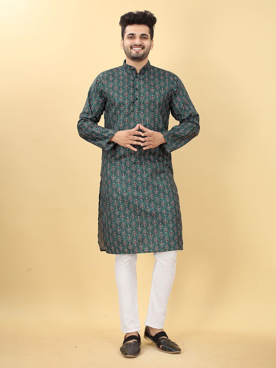 here&now-teal-ethnic-motifs-printed-mandarin-collar-cotton-straight-kurta