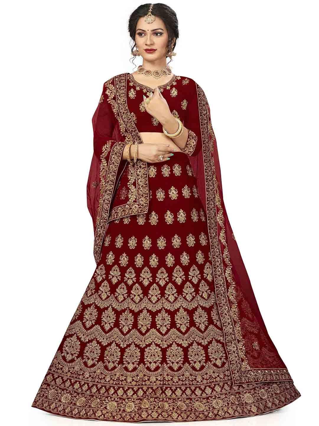 MANVAA Maroon & Gold-Toned Embroidered Thread Work Semi-Stitched Lehenga & Unstitched Blouse With Dupatta