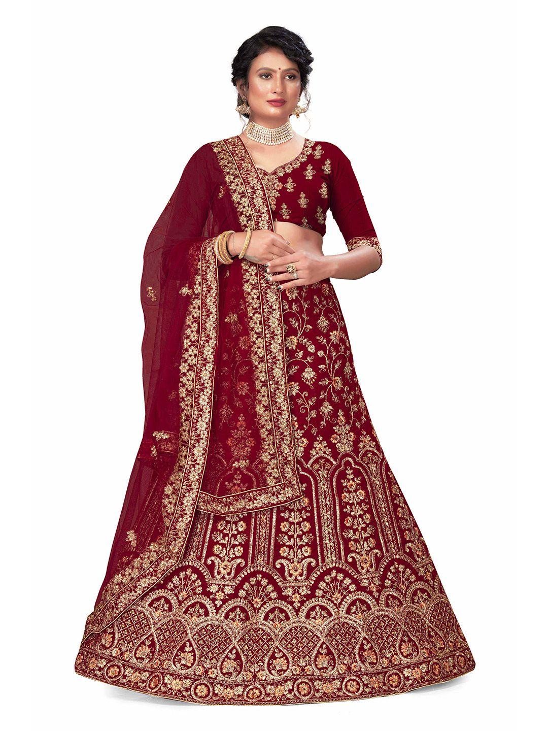 MANVAA Maroon & Gold-Toned Embroidered Beads and Stones Semi-Stitched Lehenga & Unstitched Blouse With