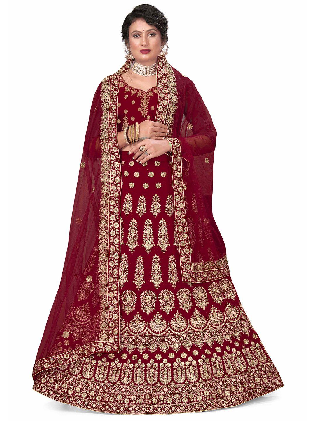 MANVAA Maroon & Gold-Toned Embroidered Beads and Stones Semi-Stitched Lehenga & Unstitched Blouse With